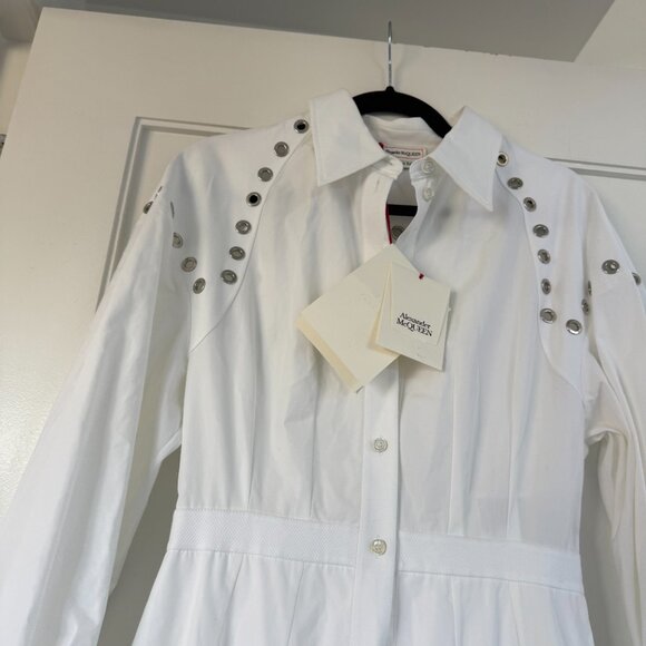 NWT Alexander McQueen A-line Midi Shirt Dress White Cotton Poplin Metal Eyelets - Picture 7 of 12
